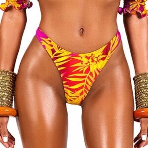 New! Bfyne Red Pink Yellow Tropical Floral Print Bikini Bottom 3522
